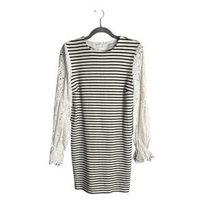 English Factory Navy Blue and White Striped Sheath Dress With Eyelet Sleeves Sm